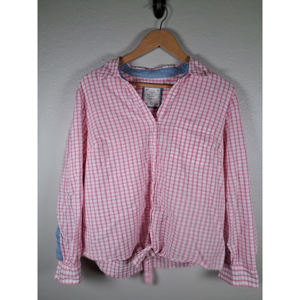 Style & Co Pink Gingham Tie Front Button Down Shirt Roll Tab Sleeve Large